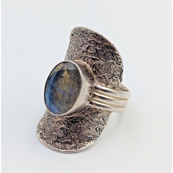 PTI India Sterling Silver 925 Labradorite Saddle Style Cocktail Ring Sz 7 - Picture 2 of 16